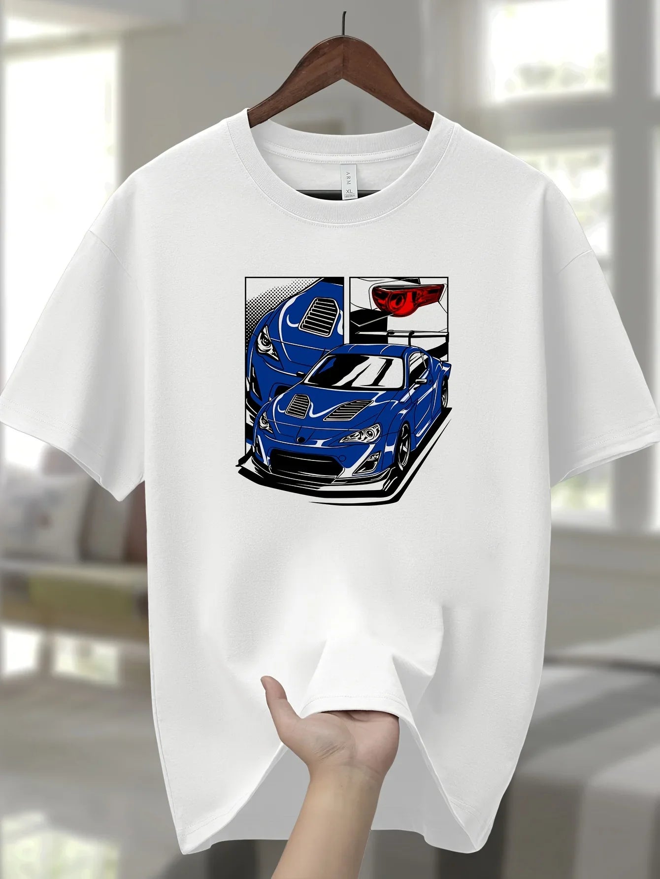 Men's 100% Cotton Graphic T-Shirt - Casual Sports Style Crew Neck Short Sleeve Tee with Cartoon Racing Car Design