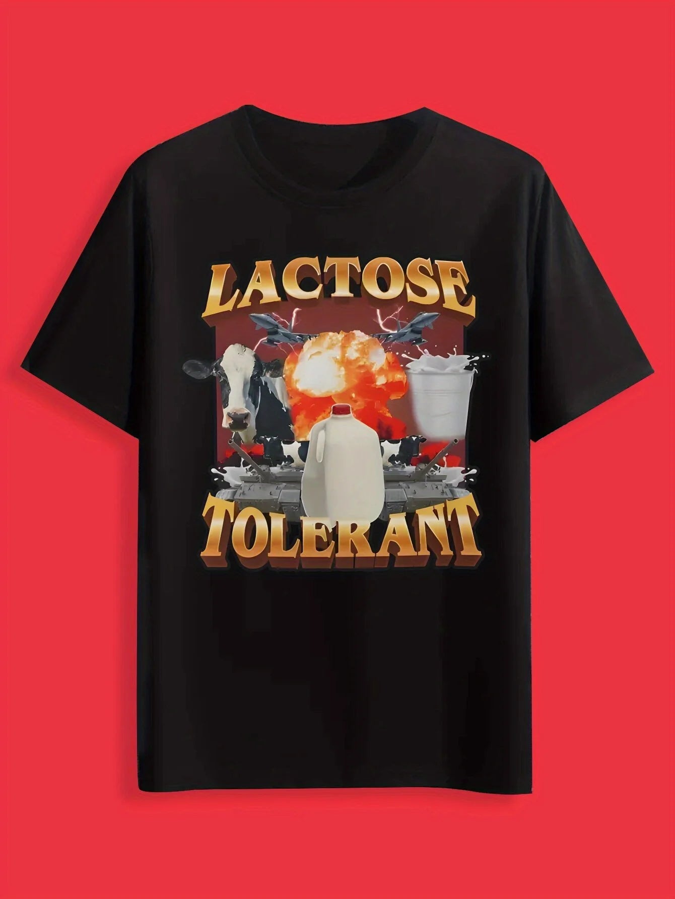 Men'S Casual Summer Graphic T-Shirt - Crew Neck, Polyester, "Lactose Intolerant" Design with Farm Animals & Barnyard Elements