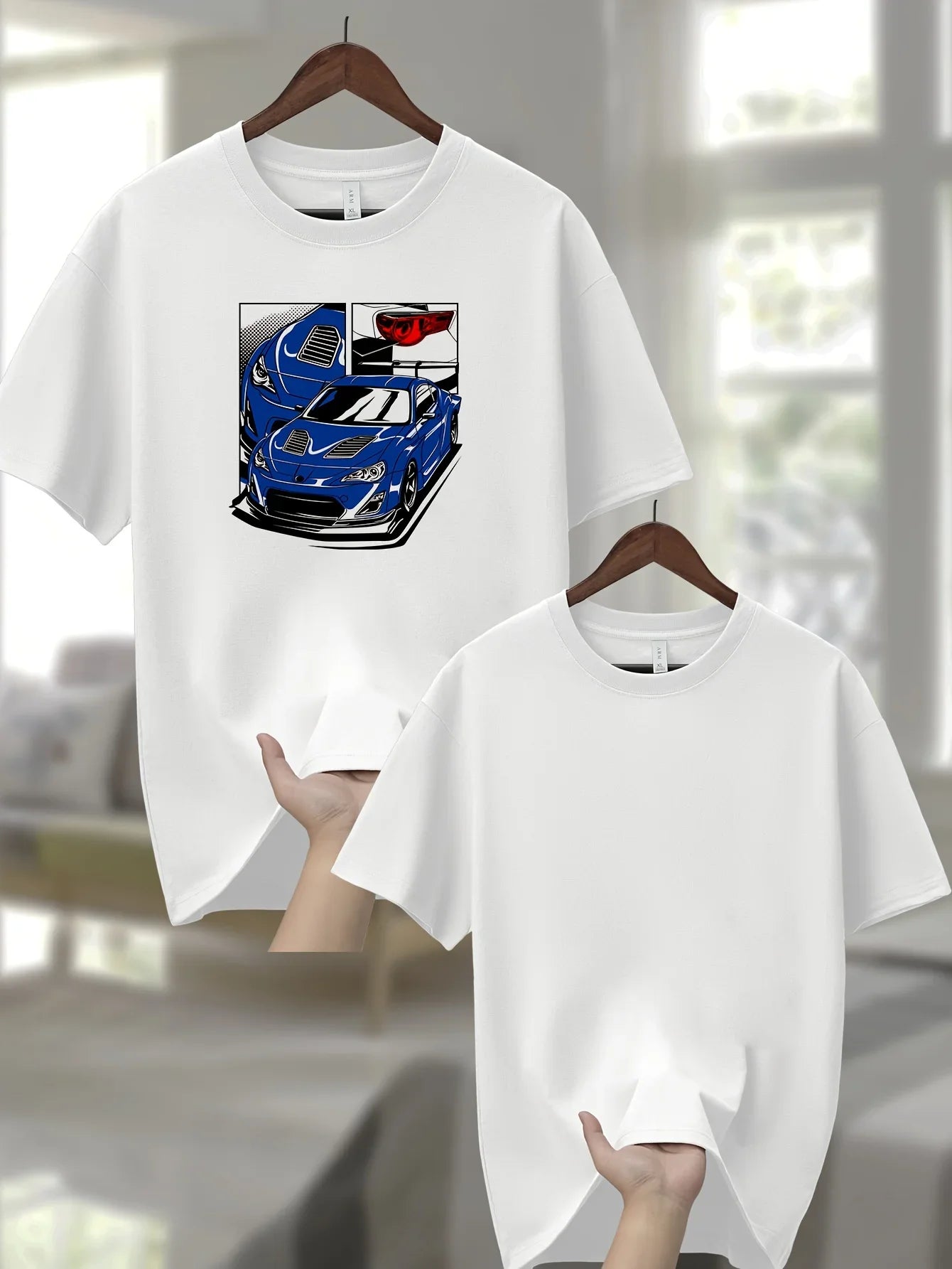 Men's 100% Cotton Graphic T-Shirt - Casual Sports Style Crew Neck Short Sleeve Tee with Cartoon Racing Car Design