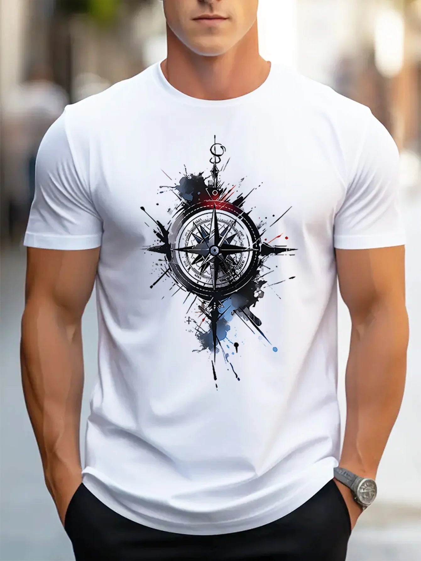 Men's Casual Short Sleeve T-Shirt with Compass Print - Breathable Polyester Round Neck Tee, Machine Washable Lightweight Summer