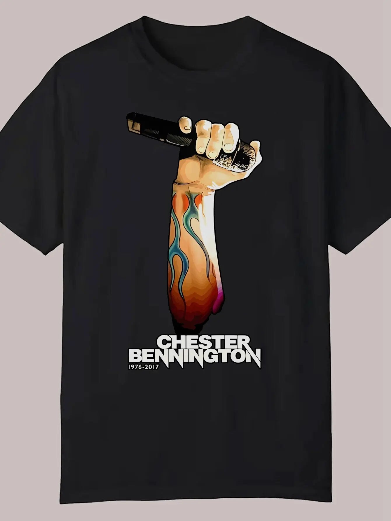 Men's Casual Graphic T-Shirt - Black Chester Bennington Portrait & Signature Design, 100% Polyester Lightweight 180gsm