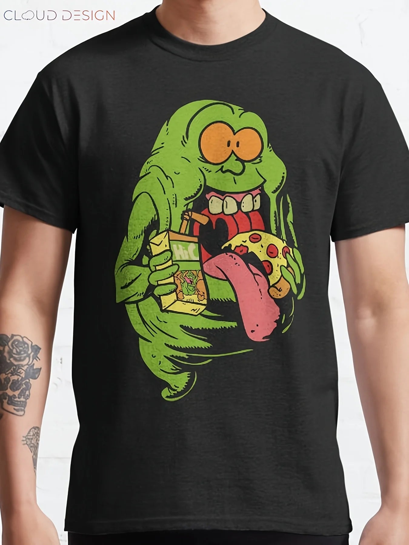 Ghostbusters 100% Cotton Crewneck T-Shirt with Playful Slimer & Pizza Graphic - Black Casual Short Sleeve Tee for Men