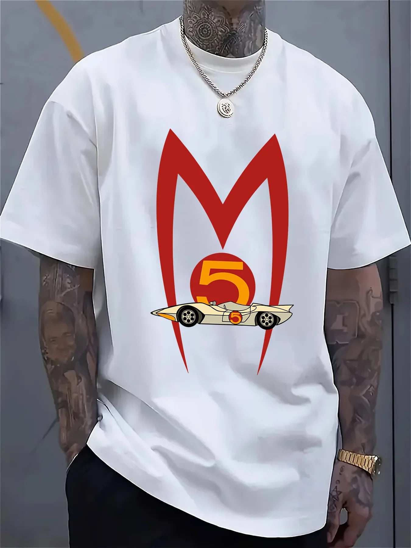 MACH 5 SPEED RACER Vintage Graphic Men's T-Shirt - Funny Racing Car Design, Casual Cotton Crew Neck Tee