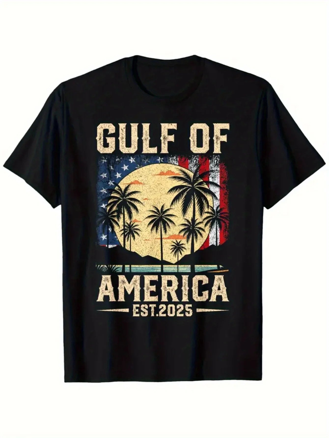 Gulf of America Est. 2025 Vintage Flag Sunset Men's T-Shirt - Black Retro Design with Palm Trees & American Flags, 100% Cotton