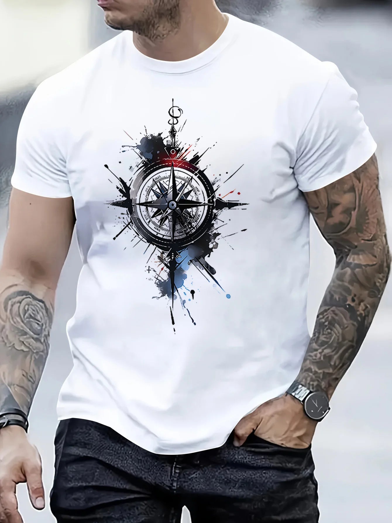Men's Casual Short Sleeve T-Shirt with Compass Print - Breathable Polyester Round Neck Tee, Machine Washable Lightweight Summer