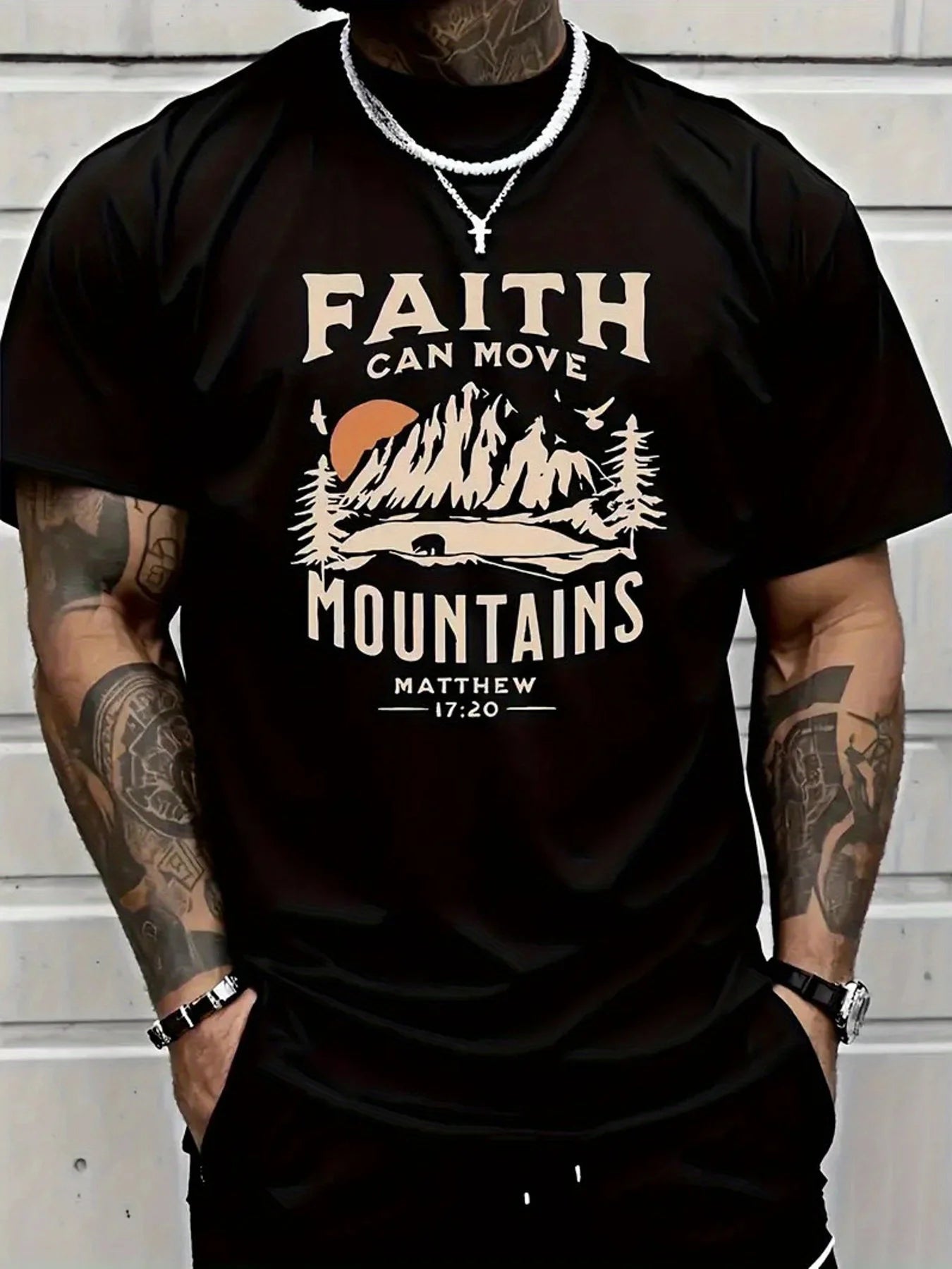 Men's Black Cotton T-Shirt S-3XL with Inspirational Mountain & Faith Letter Print - Casual, Versatile