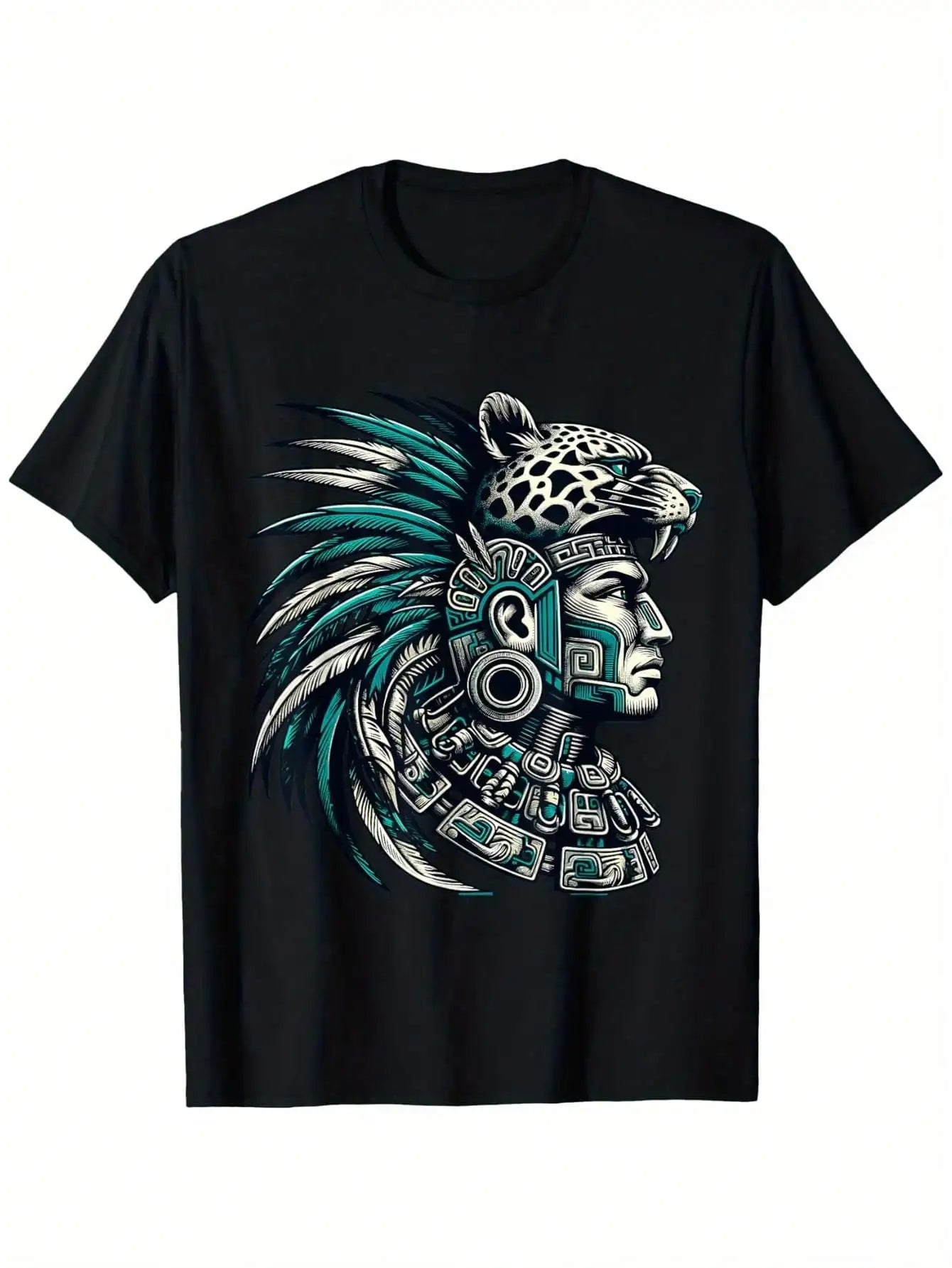 Aztec Warrior Jaguar T-Shirt, 100% Cotton Artwork t-shirts Artistic t-shirts artware t-shirts, 180g, round neck, black, size