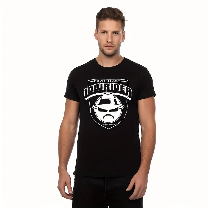 1pc Round Neck Pattern Print - 2025 New Classic Vintage Car Lowrider Related Pattern Print Black Short-Sleeved T-Shirt