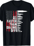 American Flag Gun Lover Graphic T-Shirt for Men - 220g Heavy-Duty, 10000 Links, Faster Than Dialing 911 Design