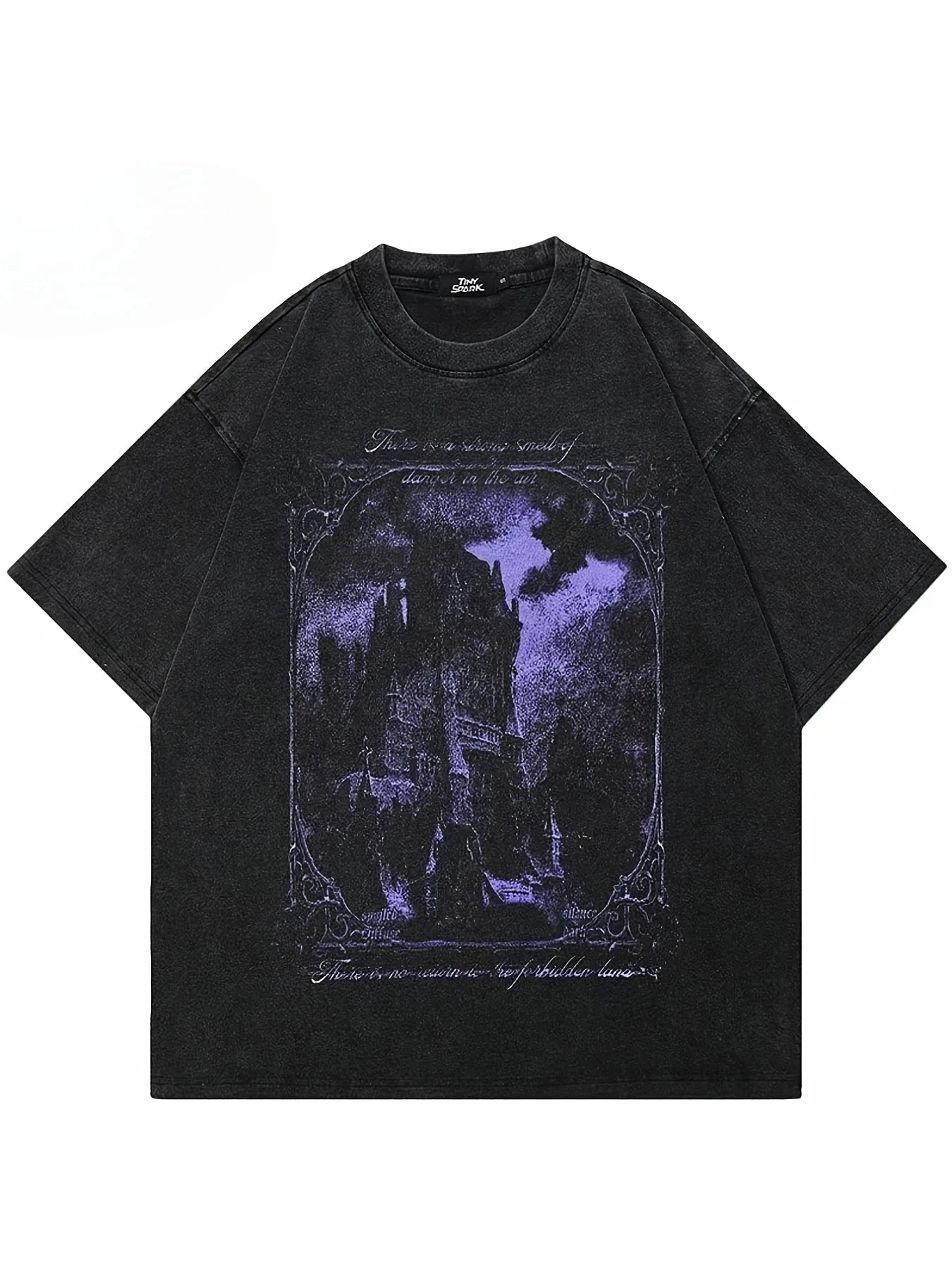 Ewh Men's & Unisex Gothic Horror Castle Graphic T-Shirt - 230g Heavyweight Pure Cotton, Vintage Washed Black Streetwear Tee