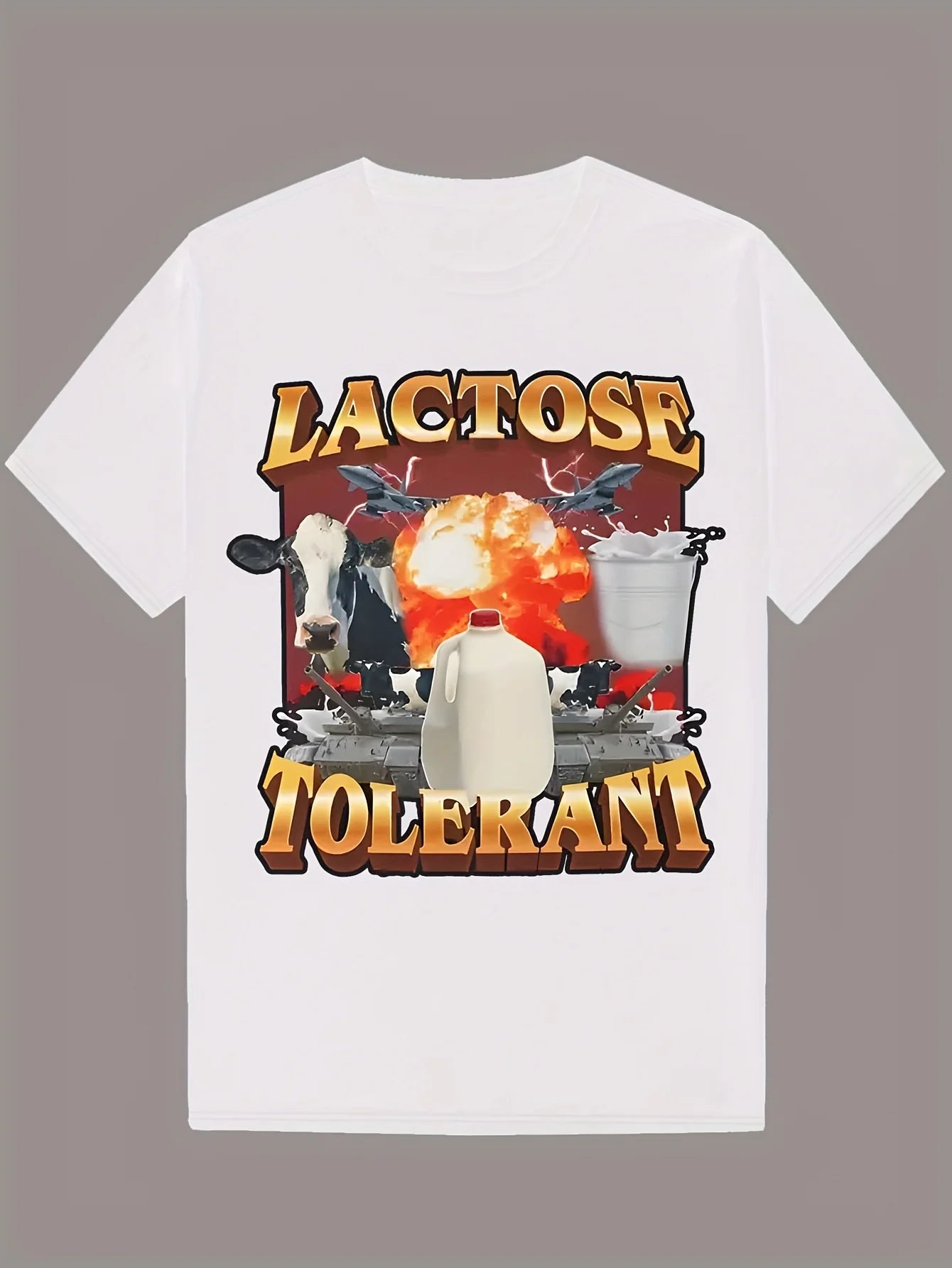 Men'S Casual Summer Graphic T-Shirt - Crew Neck, Polyester, "Lactose Intolerant" Design with Farm Animals & Barnyard Elements