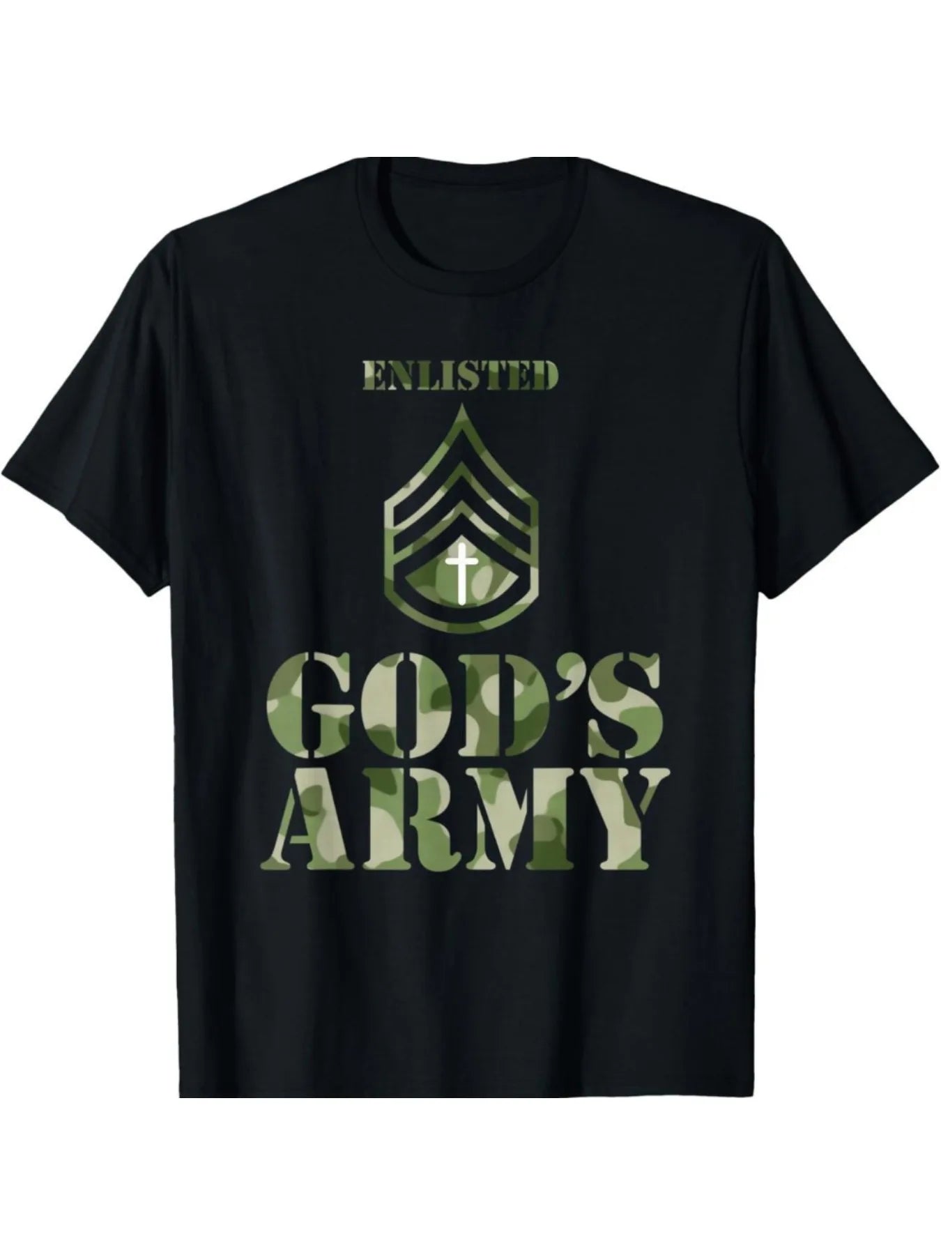 Men's "God's Army" Graphic T-Shirt - Black, S-3XL, 180g Heavyweight Pure Cotton, Casual Round Neck Tee with Camouflage Design