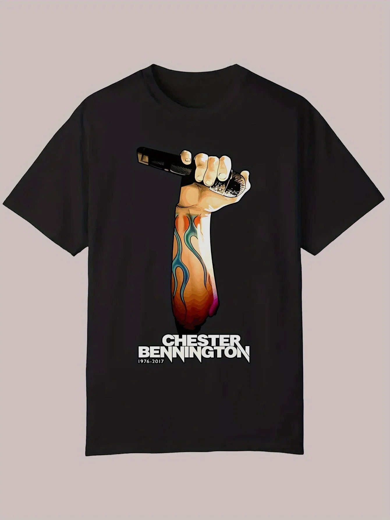 Men's Casual Graphic T-Shirt - Black Chester Bennington Portrait & Signature Design, 100% Polyester Lightweight 180gsm