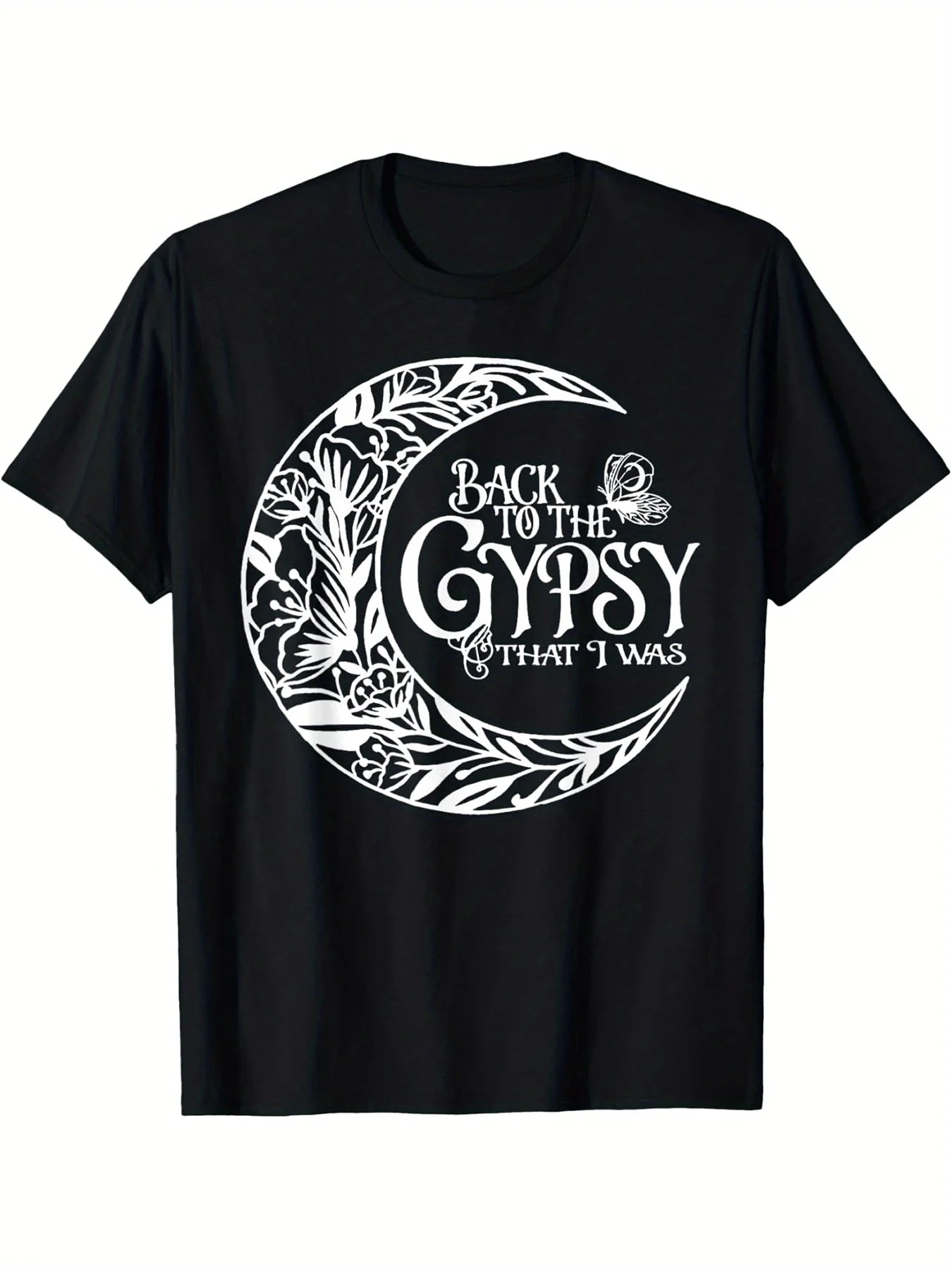 Men's 100% Cotton Short Sleeve T-Shirt - Black Casual Fitness Training Tee with "Back to the Gypsy" Floral Letter Graphic,